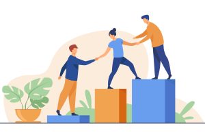 Employees giving hands and helping colleagues to walk upstairs. Team giving support, growing together. Vector illustration for teamwork, mentorship, cooperation concept