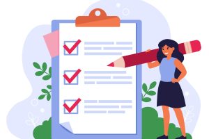 Checklist or survey concept. Woman with pencil writing down task list, filling out survey or application on notepad, marking checkboxes. Flat vector illustration for business goals topics