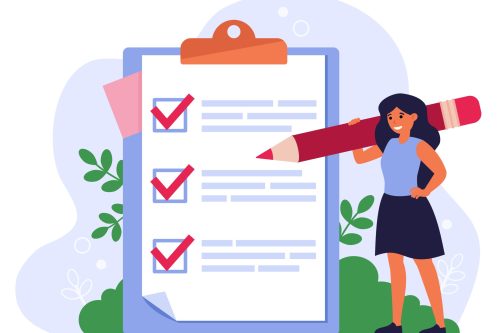 Checklist or survey concept. Woman with pencil writing down task list, filling out survey or application on notepad, marking checkboxes. Flat vector illustration for business goals topics